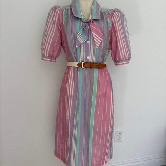 Vintage 80s Striped Fit & Flare Long Sleeve Dress Pink Purple - Picture 1 of 14